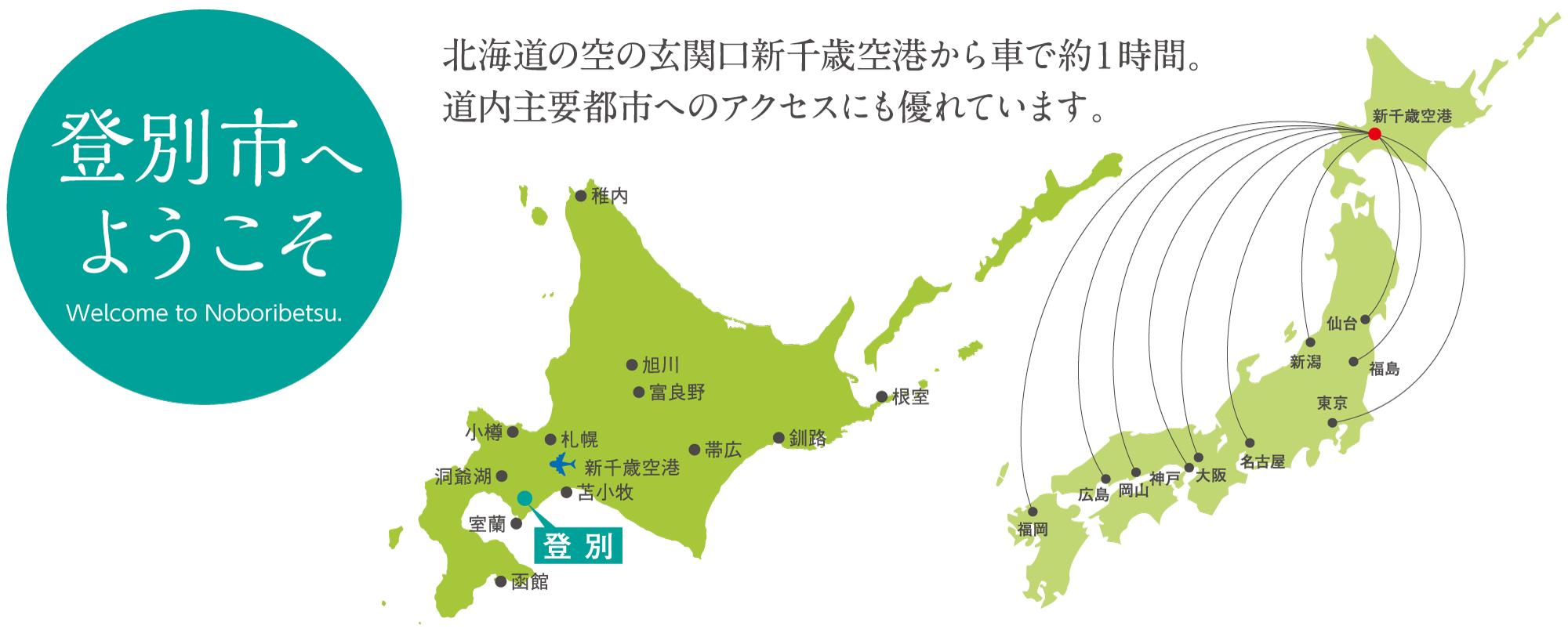 登別市へようこそ！ 北海道の空の玄関口新千歳空港から車で約1時間 道内主要都市へのアクセスにも優れています